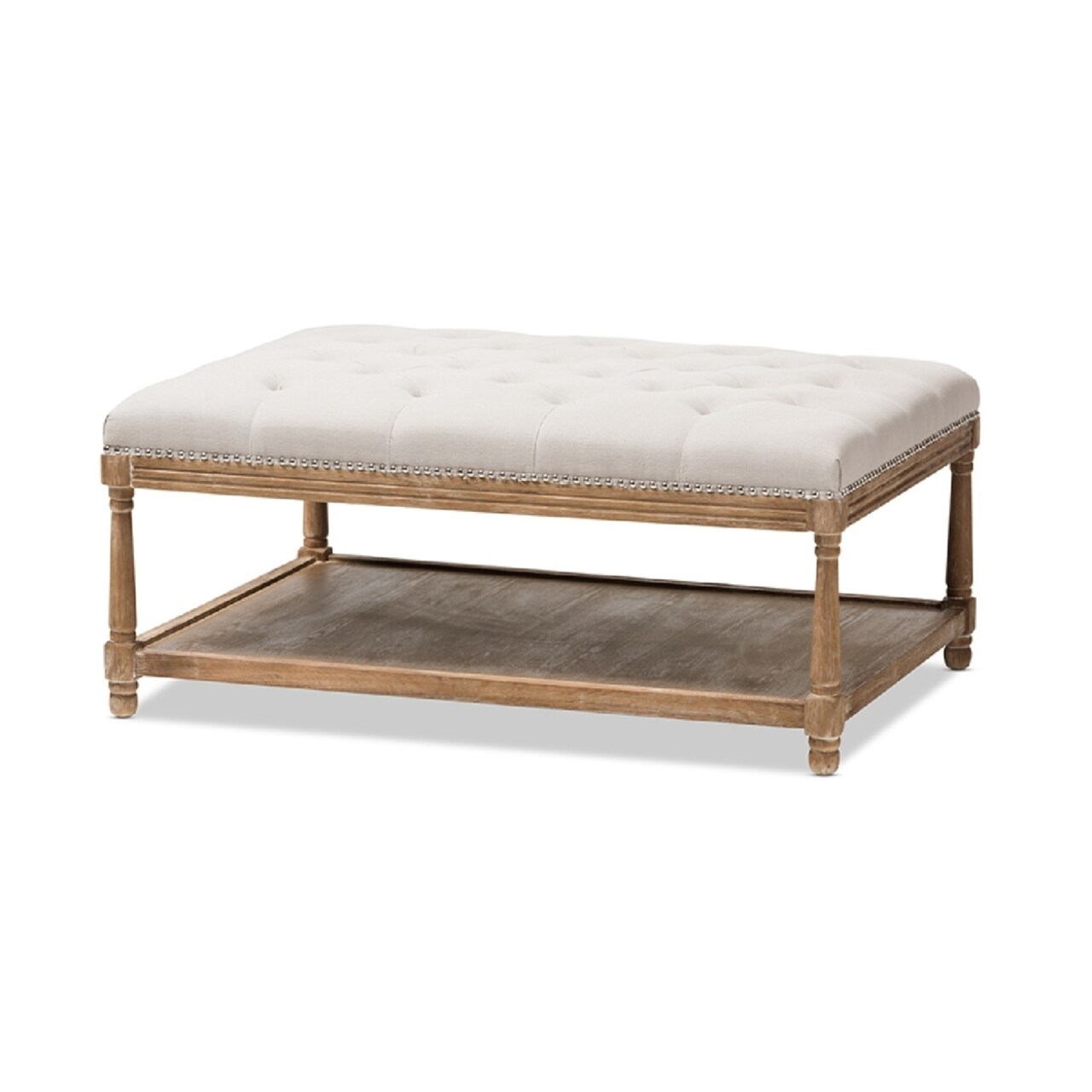 Wholesale Interiors Baxton Studio Carlotta French Country Weathered Oak Beige Linen Rectangular Coffee Table Ottoman